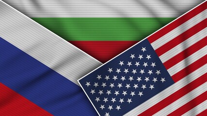 Bulgaria United States of America Russia Flags Together Fabric Texture Effect Illustration