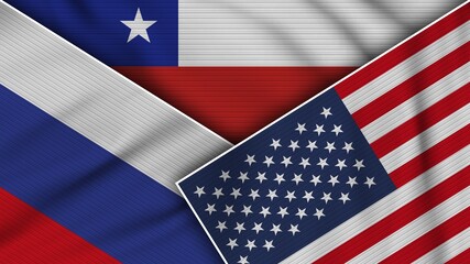 Chile United States of America Russia Flags Together Fabric Texture Effect Illustration