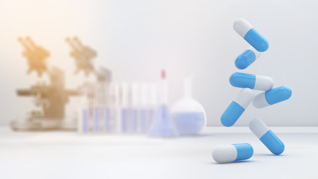 Drug production from medical research and development,proper drug use,medicine,3D rendering