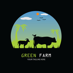 Silhouettes of cows, goats and birds on the farm illustration design