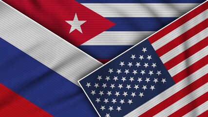 Cuba United States of America Russia Flags Together Fabric Texture Effect Illustration