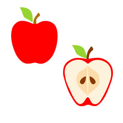 Red apple with leaf in flat style. Half an apple with seeds. Vector illustration is isolated on white background