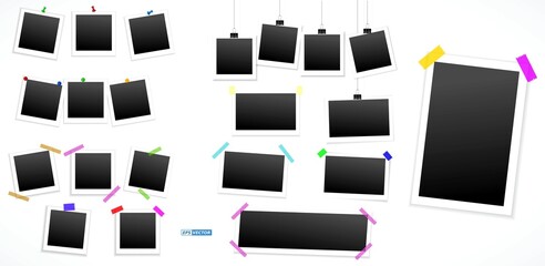 set of realistic square photo frames isolated or various photo frame on sticky tape pin and rivets or photo frame template hanging on a clip. eps vector