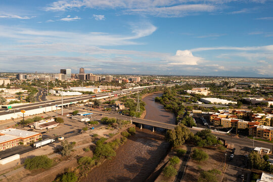 Aerial Tucson Arizona With Santa Cruz River After Monsoon Rain