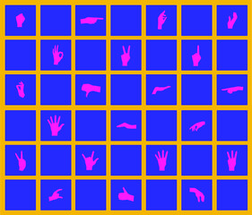 Various gestures of human hands are isolated on a blue background. Vector flat illustration of women's hands in various situations. Vector design elements for infographics, web, internet, presentation
