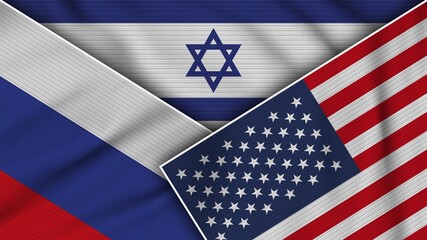 Israel United States of America Russia Flags Together Fabric Texture Effect Illustration