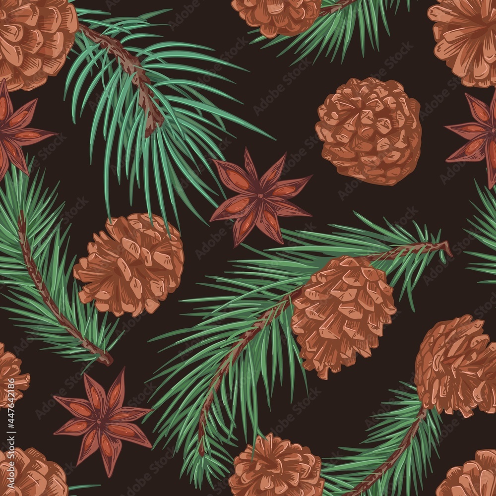 Aufkleber seamless winter pattern with fir and spruce tree branches, cones and anises on black background. rep