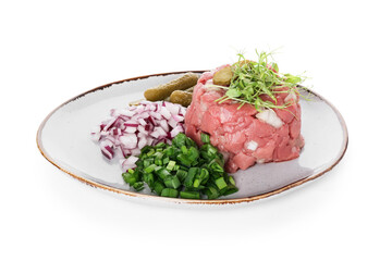 Plate with tasty beef tartare on white background