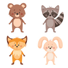 Set of forest animal: raccoon, fox, rabbit, bear. Isolated cute animals on white background. Cartoon vector illustration.