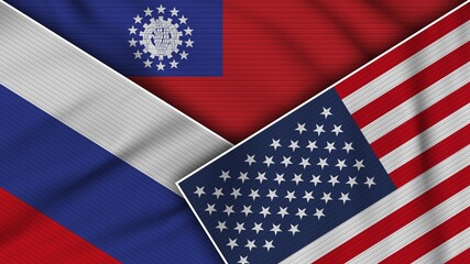 Myanmar Burma United States of America Russia Flags Together Fabric Texture Effect Illustration