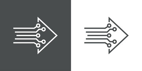 Tecnología electrónica. Logotipo con circuito digital con forma de flecha con lineas en fondo gris y fondo blanco © teracreonte