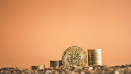 Golden bitcoin coin and stack of money coin on ground, Mining bitcoin concept. 