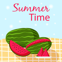 Summer time poster with  watermelon slice on picnic blanket