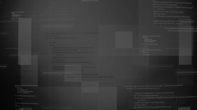 Computer codes are written on shimmering background. Motion. Colored squares move quickly on background with program codes. Small program codes are written on background of flickering squares