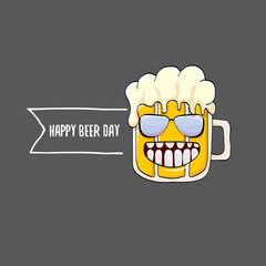 International beer day vector concept illustration or summer poster with vector funky beer character. Cartoon funny International beer day label
