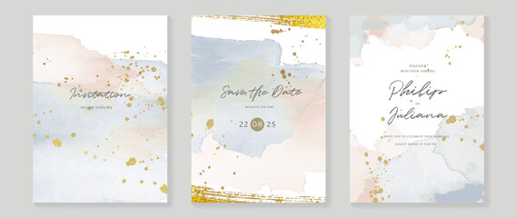 Fototapeta na wymiar Abstract art background vector. Luxury invitation card background with golden line art and Watercolor brush texture. Vector invite design for wedding and vip cover template.