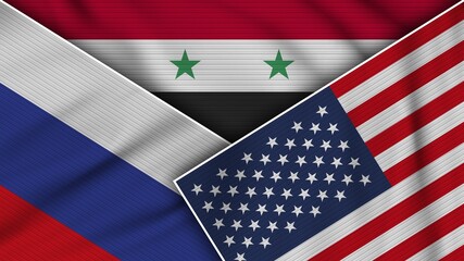 Syria United States of America Russia Flags Together Fabric Texture Effect Illustration