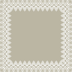 Classic vector square white frame with arabesques and orient elements. Abstract beige and white ornament with place for text. Vintage pattern