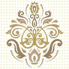 Floral vector golden pattern with arabesques. Abstract oriental golden ornament. Vintage classic pattern