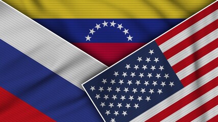 Venezuela United States of America Russia Flags Together Fabric Texture Effect Illustration