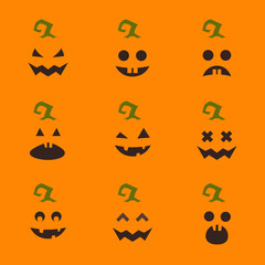 Set of Halloween pumpkin faces on orange background