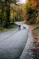 A young girl and a Weimaraner shorthaired dog walking along a mountain road