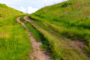 Fototapeta na wymiar Dirt road in green grass on a mountainside.