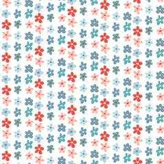 Fototapeta na wymiar Cute ditsy floral seamless pattern with hand drawn doodle flowers in simple childish Scandinavian style on white. Bright summer abstracrt fantasy flowers design. Vector background.