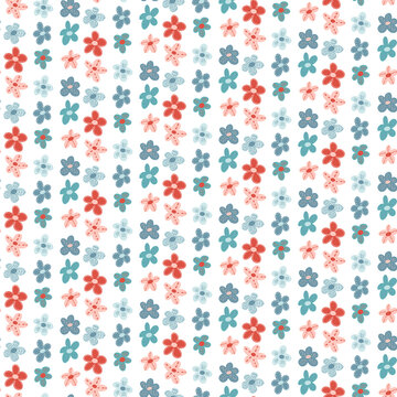Cute ditsy floral seamless pattern with hand drawn doodle flowers in simple childish Scandinavian style on white. Bright summer abstracrt fantasy flowers design. Vector background.