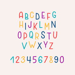 Fototapeta premium Hand drawn bright colorful alphabet isolated on pastel background. Modern kids alphabet in doodle style. Vector illustration