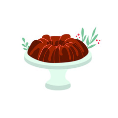 Chocolate cake with icing. Vector hand drawn flat baking illustration. Home cooking.