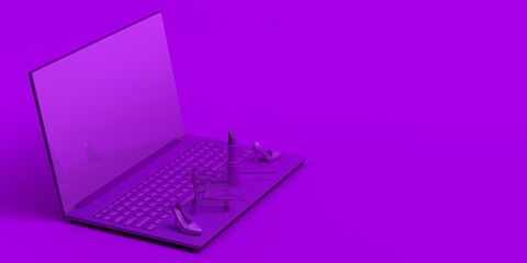 Online shopping concept with laptop. Banner. Shopping cart, lipstick, high heel shoe, credit card ... 3D illustration. Copy space. E-commerce.