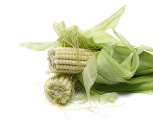 Corncob with green husks, maize isolated on white background