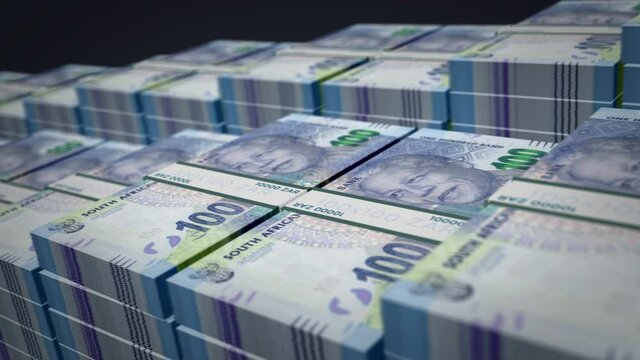 South Africa Rand banknote bundle growth up loop. ZAR money stacks. Concept of cash pack, banking, travel,  business, success, economy and finance. Loopable seamless 3d animation.