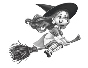 Cute little witch flying on a broomstick black and white drawing