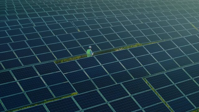 Engineer walking and examining solar panels on field