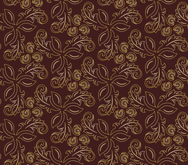 Floral vector ornament. Seamless abstract classic background with golden leaves. Pattern with repeating floral elements. Ornament for fabric and wallpapers