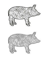 Hand drawn outlined pig on isolated background. Design for spiritual relaxation for adults. Freehand art. Different color options. Black and white illustration