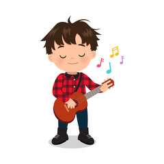 Cute boy playing guitar instrument. Musical clip art. Flat vector cartoon design