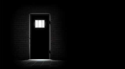Prison dark background. Metal door to barred window and brick wall. Jail cell room interior. Concept design for quest, escape games. Deprivation freedom. Detention centre. Vector Illustration.