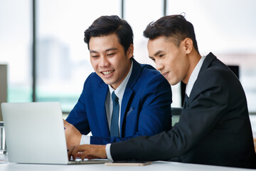 Content male colleagues working on laptop in office