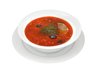 Meat soup solyanka with olives and lemon in white round bowl. Isolated