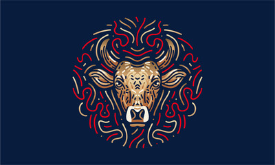 Ox chinese zodiac illustration, vector, hand drawn, isolated on dark background.