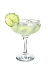 Glass of cold daiquiri cocktail on white background