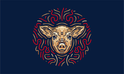 Pig chinese zodiac illustration, vector, hand drawn, isolated on dark background.