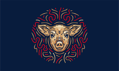 Pig chinese zodiac illustration, vector, hand drawn, isolated on dark background.