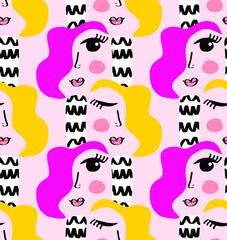 Abstract Hand Drawing Colorful Retro Women Faces Doodles Seamless Vector Pattern Isolated Background