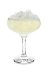 Glass of cold daiquiri cocktail on white background