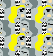 Abstract Hand Drawing Colorful Retro Women Faces Doodles Seamless Vector Pattern Isolated Background