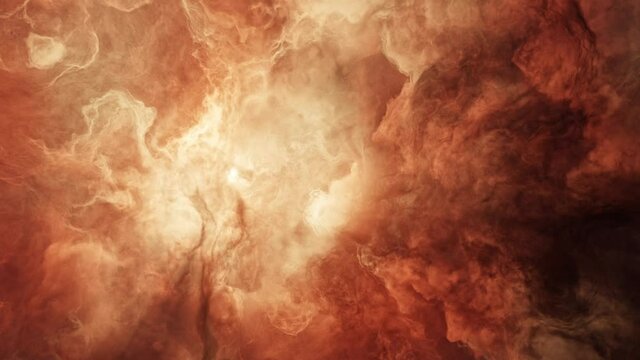 Solar storm dust cloud nebula, slow moving time lapse through heavenly realm in another galaxy. Warm color tone and peaceful spiritual background. 